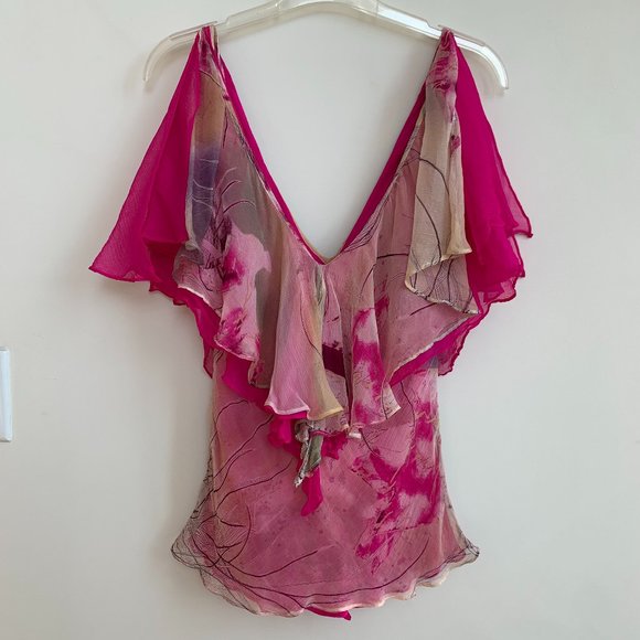 CATHERINE MALANDRINO 100% Silk Pink Tones Flounce Blouse - Picture 2 of 11